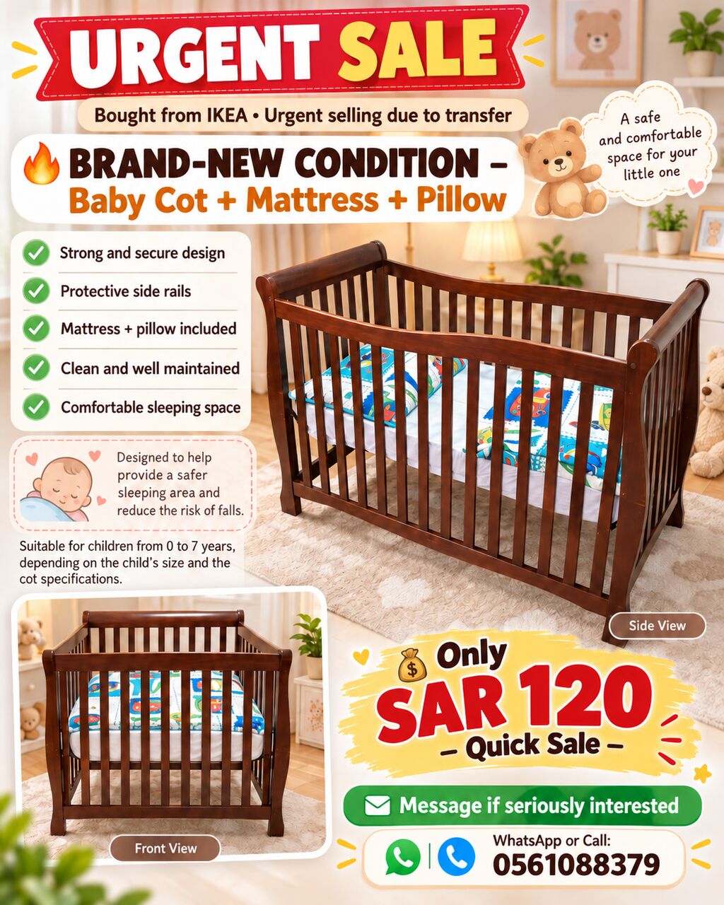 Jeddah, Baby & Kid Stuff, SAR 120,  🔥 Urgent Sale:🔥 BRAND-NEW CONDITION – Baby Cot + Mattress + Pillow- Purchased From IKEA
