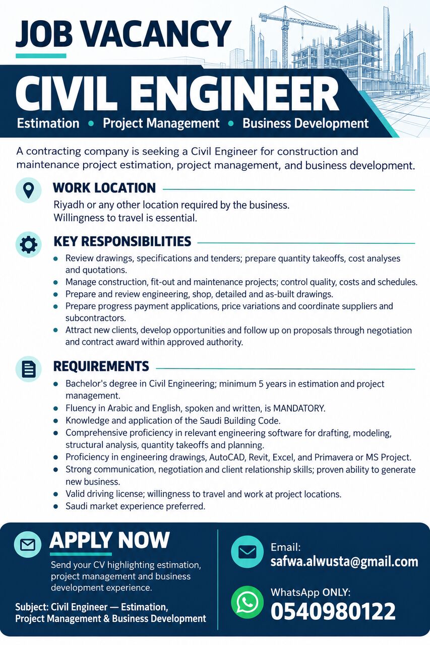 Riyadh, Jobs, Technical Office Engineer - Civil