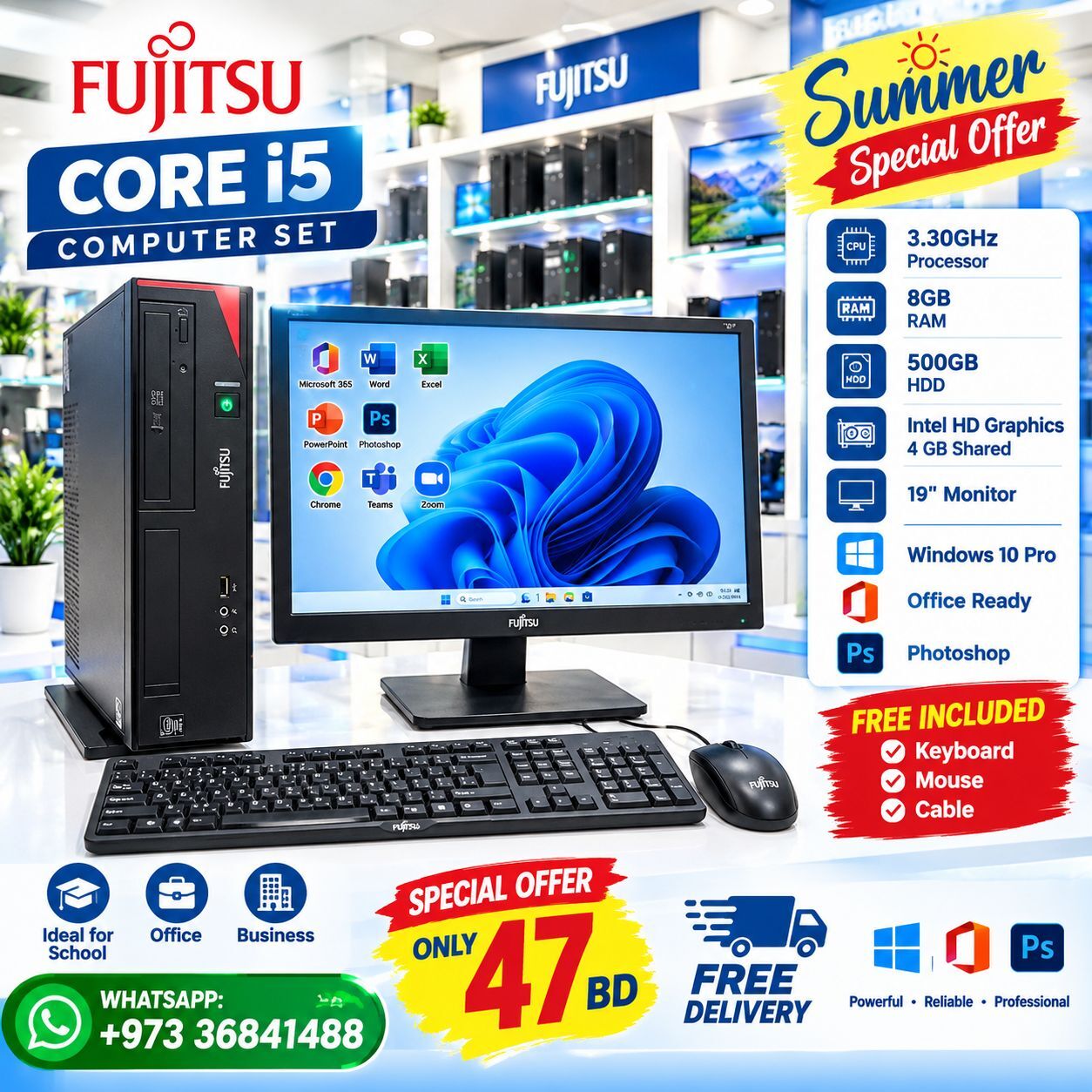 Adliya, Computers, BHD 47,  FUJITSU CORE I5 COMPUTER SET 8GB RAM 500GB HDD Intel 4GB Graphics Win 10 Pro Call/36841488
