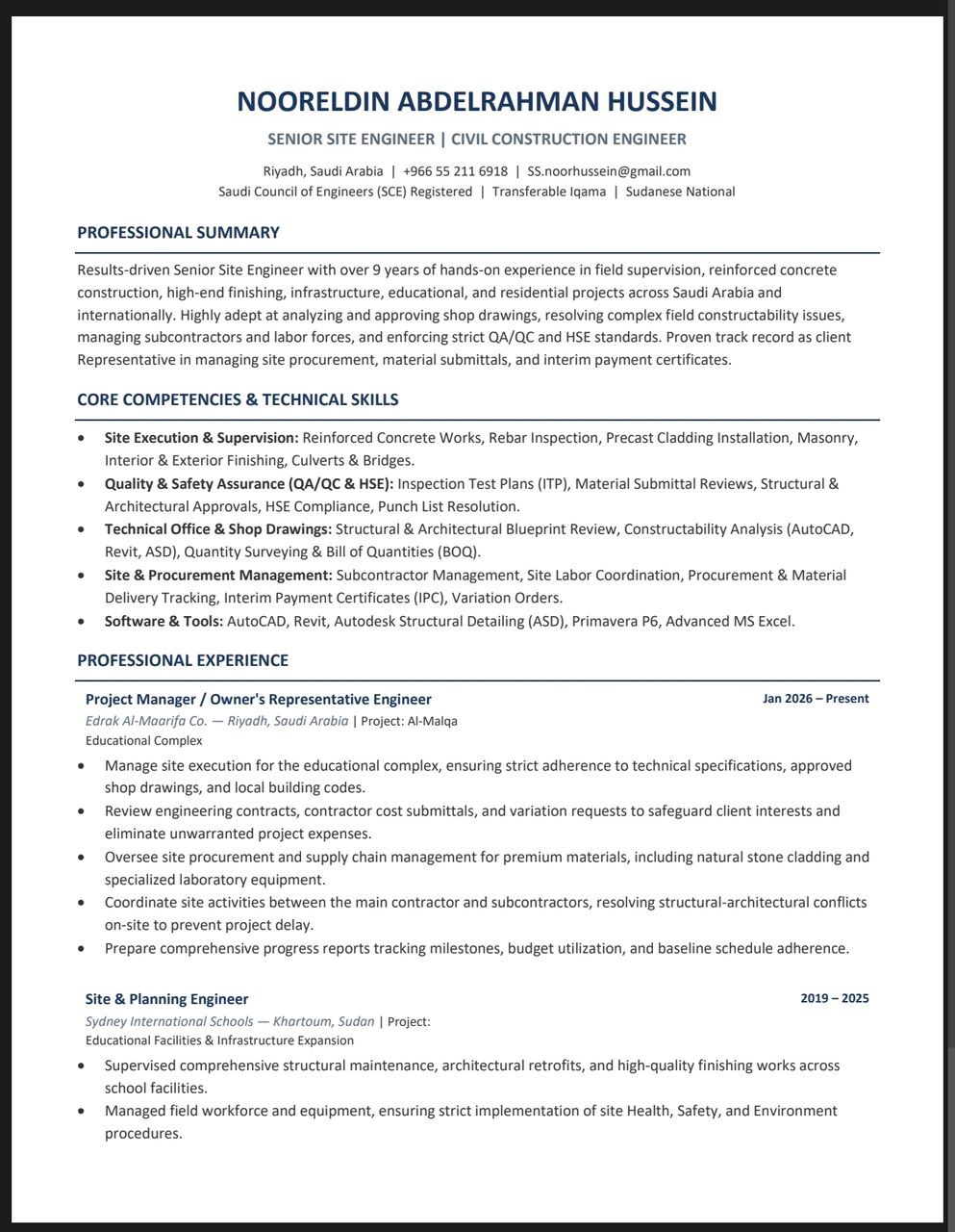 Riyadh, Job Seekers, ​"Civil Engineer With 9 Years Of Experience Across Site Engineering, Planning, And Technic