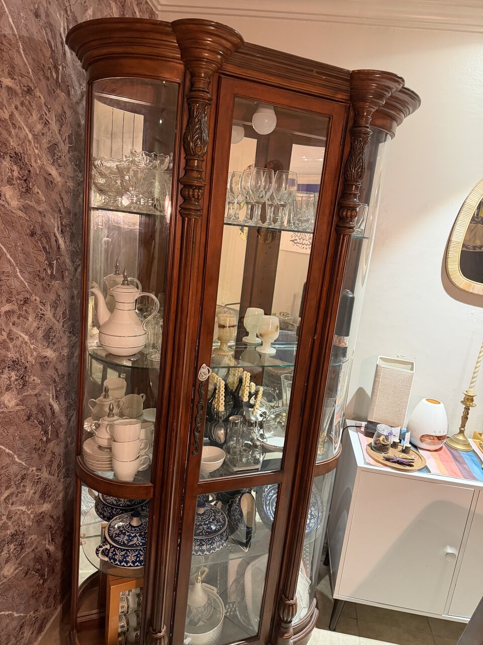 Al Adama, Furniture, SAR 2000,  Sofa Cum Bed , Single Sofa , And Traditional Curved Glass Curio Cabinet