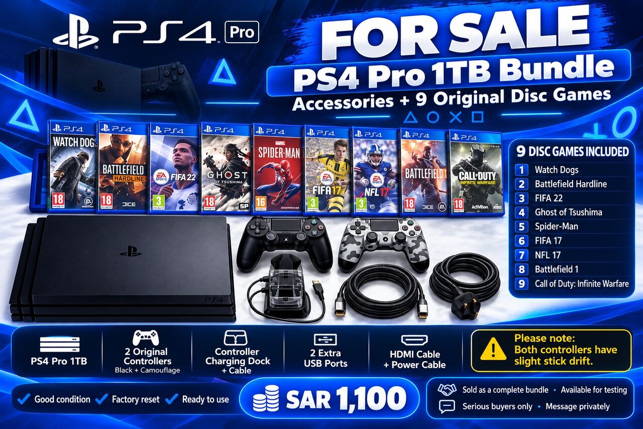 Riyadh, Electronics, SAR 1100,  PS4 Pro 1TB + Accessories + 9 Original Disc Games