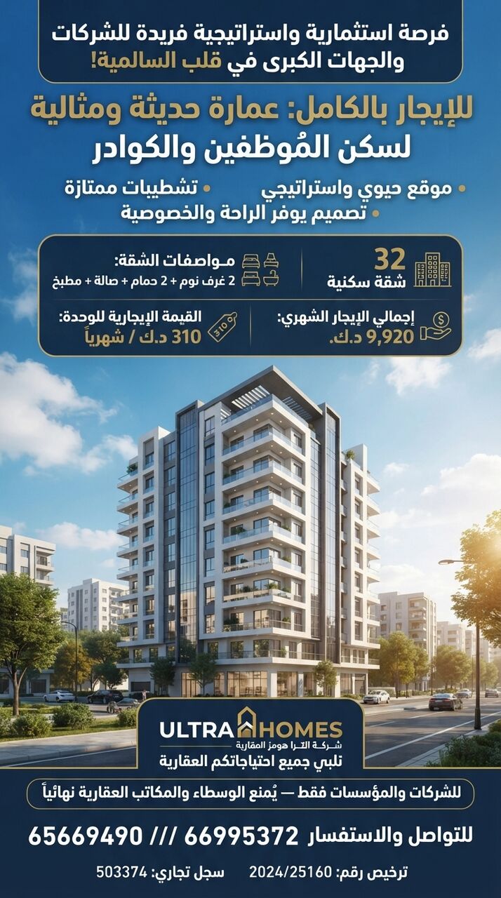 Salmiya, Apartments, Flats, Houses & Villas, KWD 310/month,  2 BR,  A Unique Strategic Investment Opportunity For Companies.