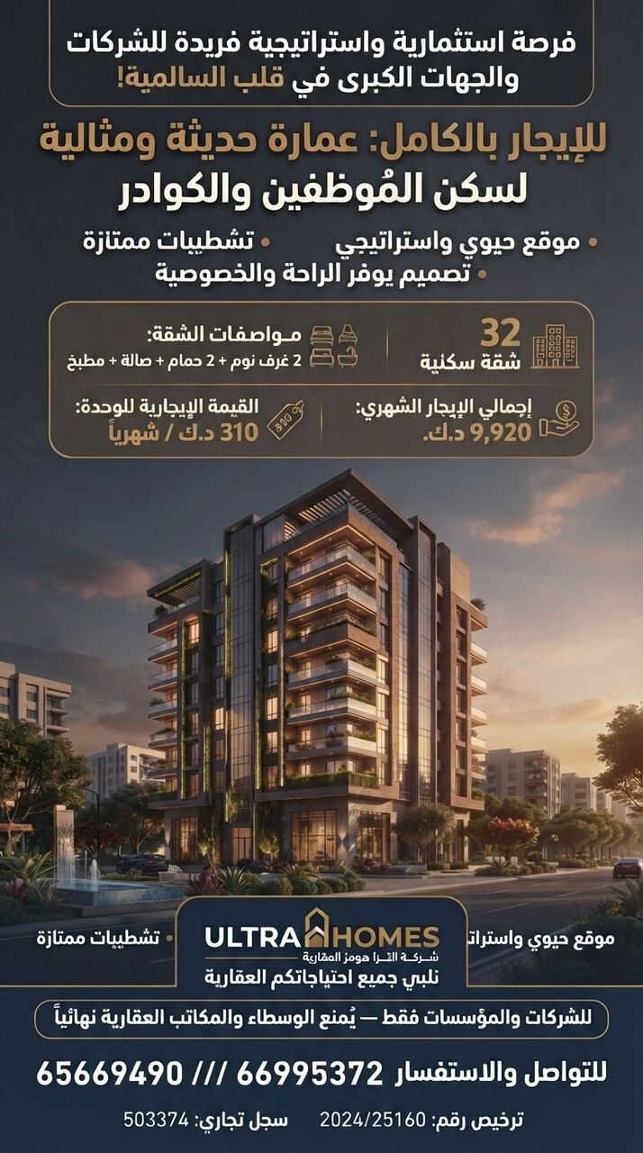 Salmiya, Apartments, Flats, Houses & Villas, KWD 310/month,  2 BR,  A Unique Strategic Investment Opportunity For Companies.