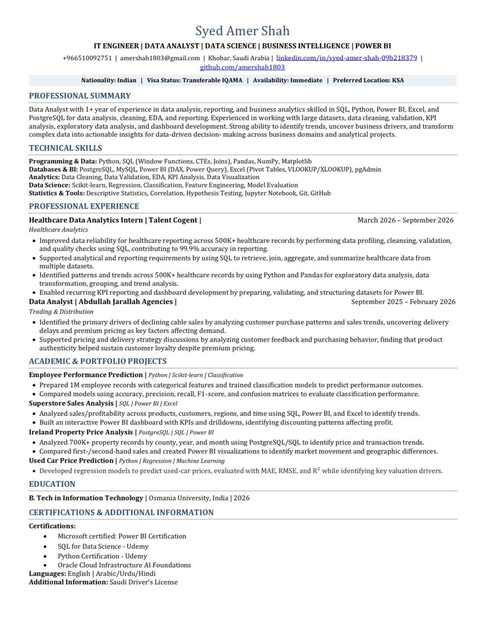 Khobar, Job Seekers, IT Engineer | Software Engineer | Data Analyst - Available Immediately
