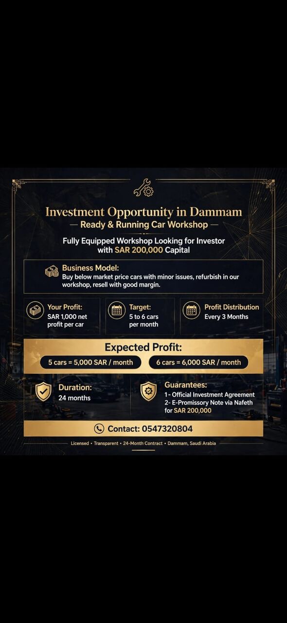 Dammam, Business Partners, Investment Opportunity In Dammam - Ready & Running Car Workshop