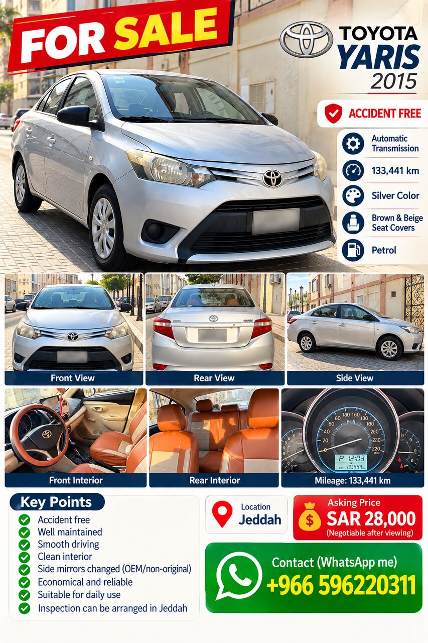 Jeddah, Vehicles, Cars & Trucks , SAR 28000,  Toyota Yaris,  2015,  Automatic,  133441 KM,  For Sale I    | Accident Free | 133,441 KM | SAR 28,000 | Jeddah