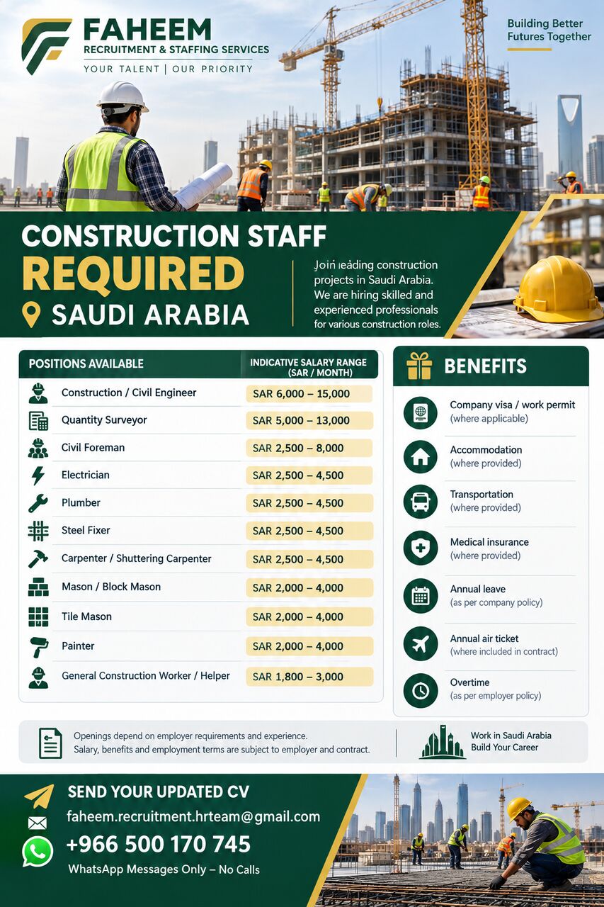 Riyadh, Jobs, CONSTRUCTION STAFF REQUIRED &ndash; SAUDI ARABIA
