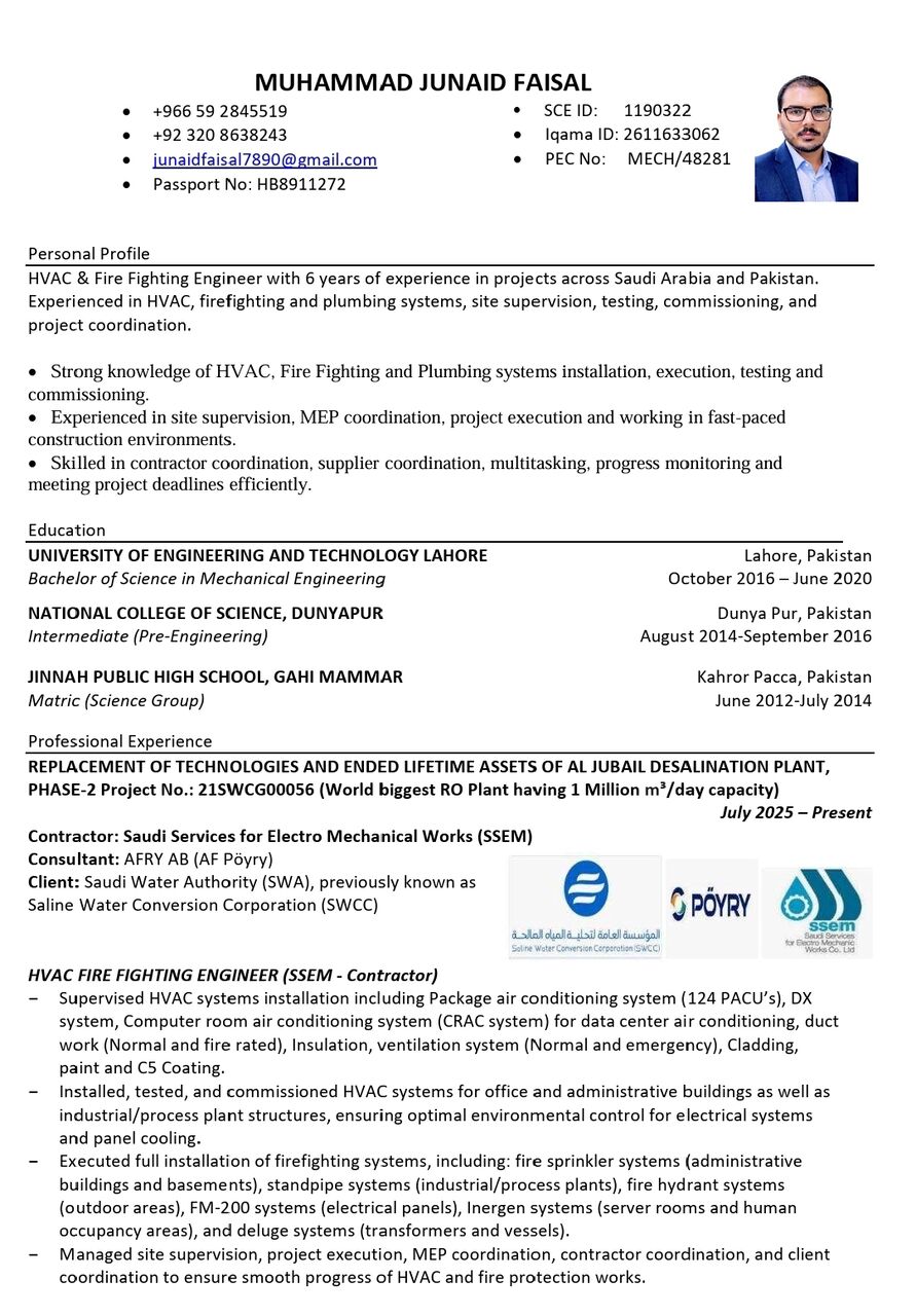 Jubail, Job Seekers, HVAC & Fire Fighting Engineer | MEP Engineer- M. Junaid Faisal