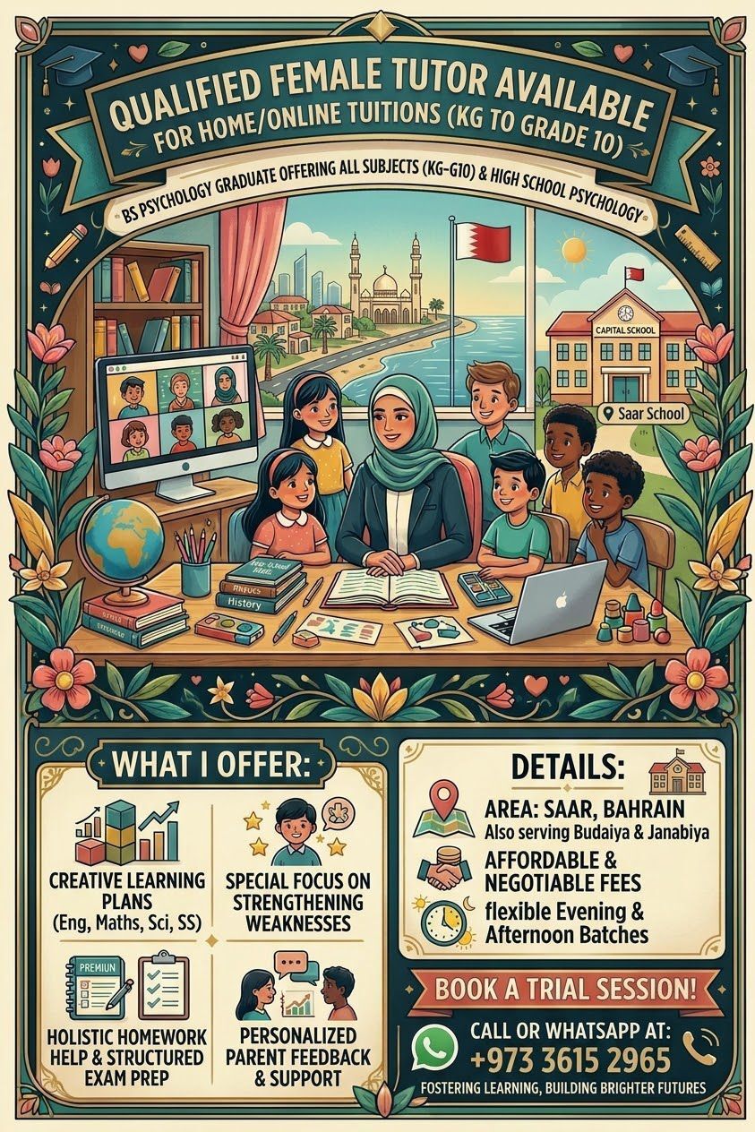 Saar, Education, Qualified Female Tutor Available For Home/Online Tuitions (KG To Grade 10)