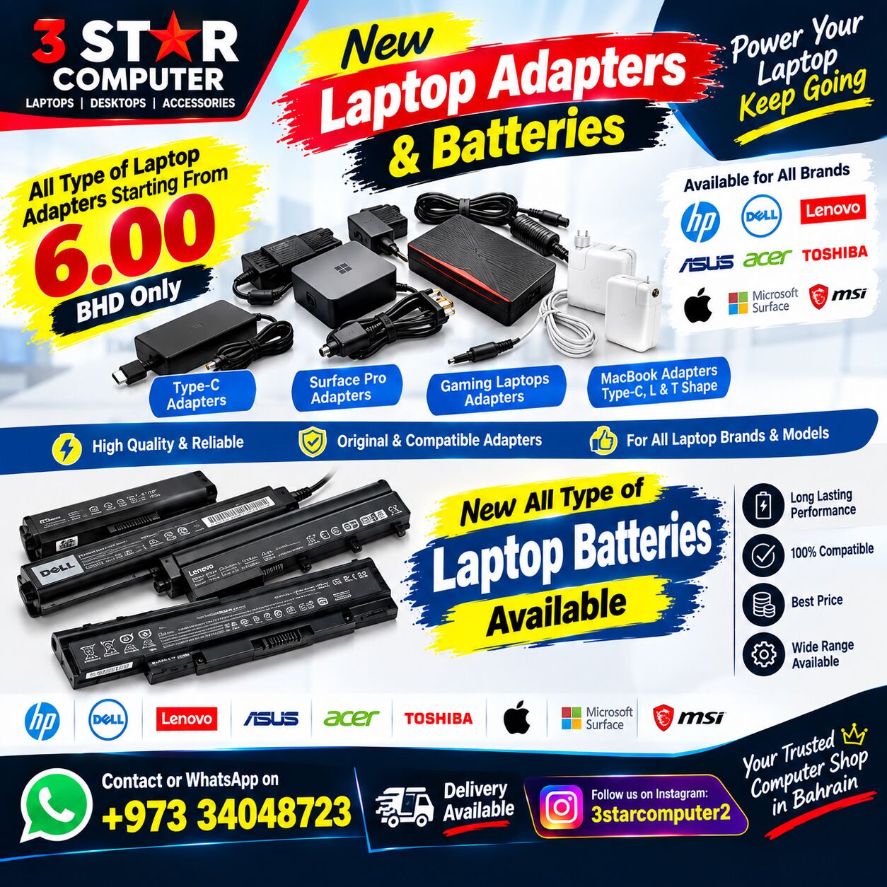 Manama, Computers, BHD 6,  New Box Pack Laptop Adapters, Batteries MacBook,Type-C,Surface Pro & Gaming Laptop Adapter