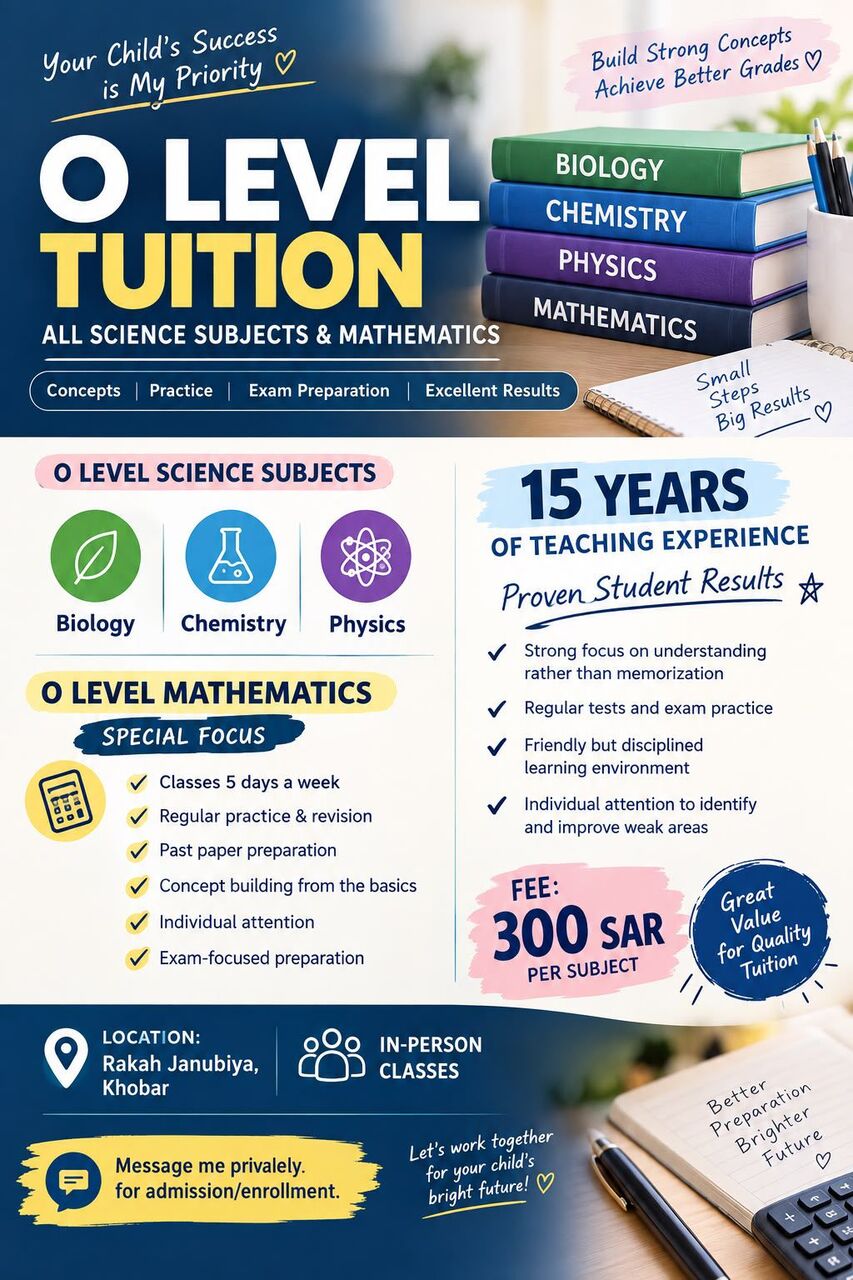 Khobar, Lessons Offered, Grade 5 Till O Levels Tuition Available Offline N Online