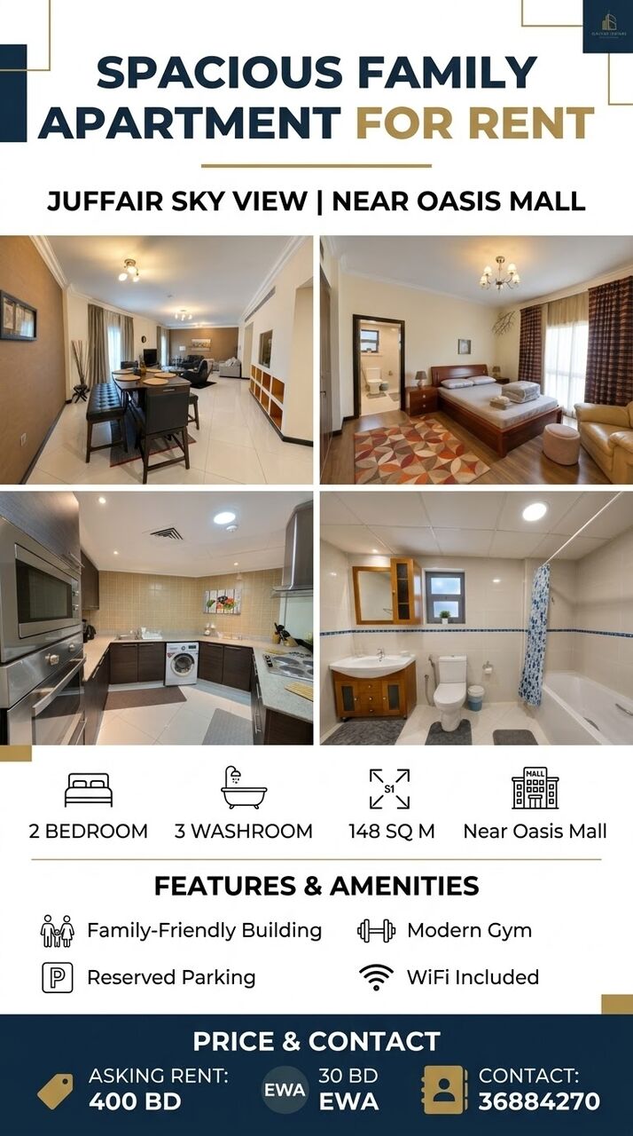 Juffair, Apts/Flats Wanted, BHD 400/year,  Furnished,  2 BR,  ​Modern 2 Bed, 3 Bath Family Home Near Oasis Mall, Juffair