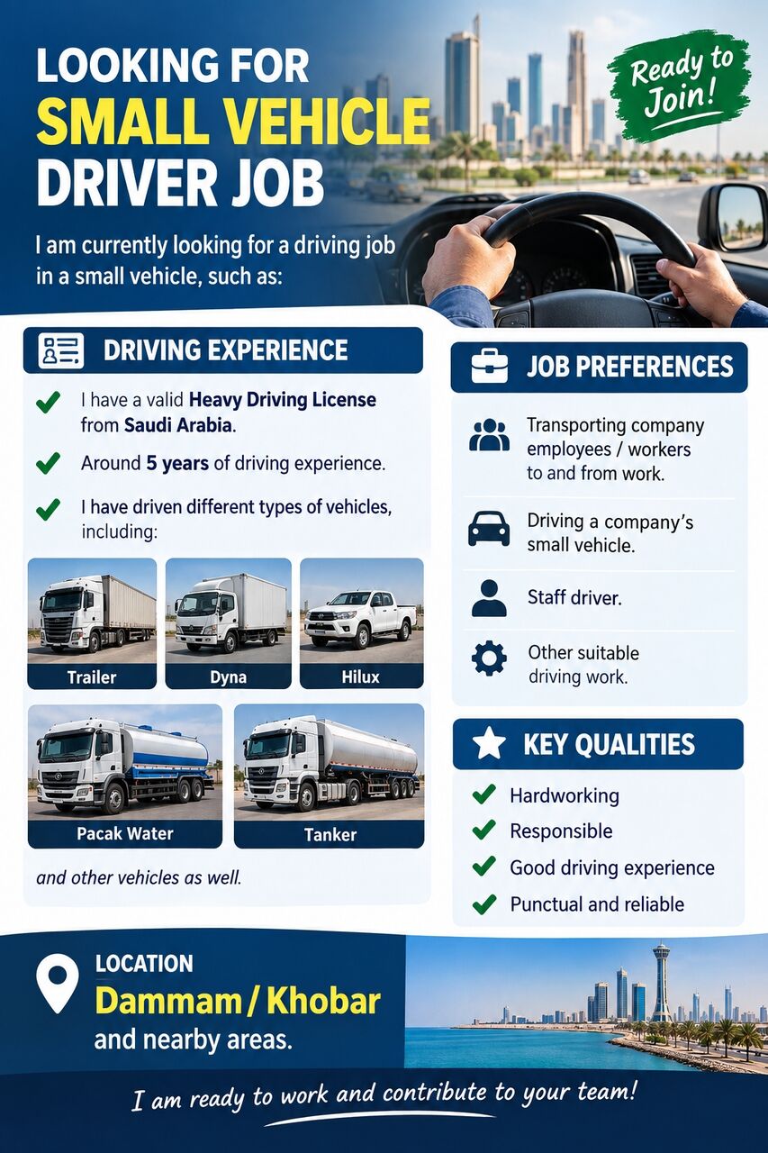 Dammam, Job Seekers, Looking For Small Vehicles Driver Jobs
