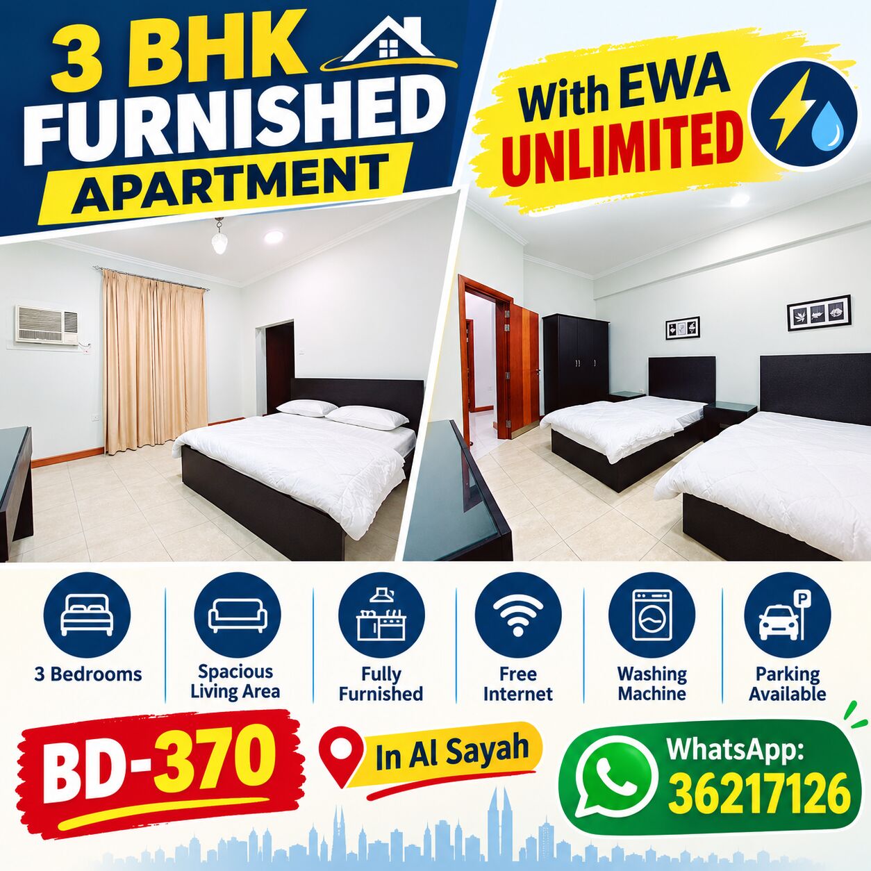 Manama, Apartments, Flats, Houses & Villas, BHD 370/month,  Furnished,  3 BR,  220 Sq. Meter,  3 BHK Furnished Aprt With Ewa Unlimited | BD-370 | In Al Sayah