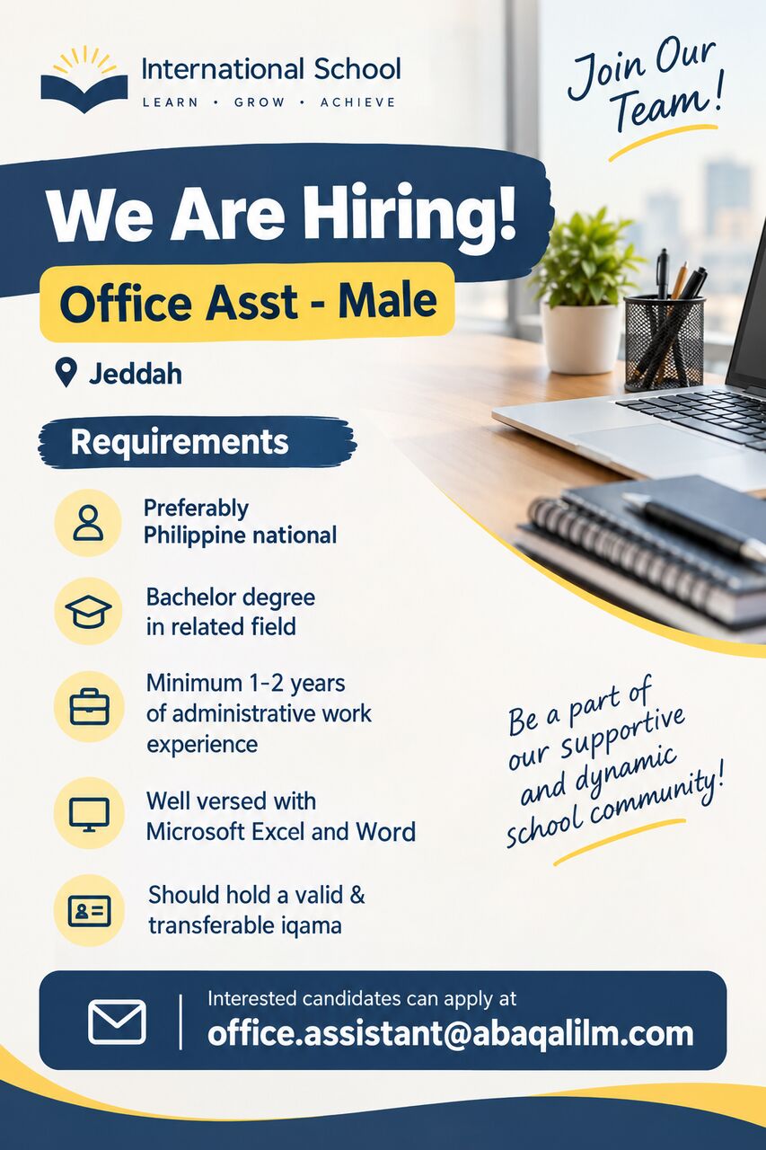 Jeddah, Jobs, Require Office Assistant - MALE! Prefer Philippine Nationals