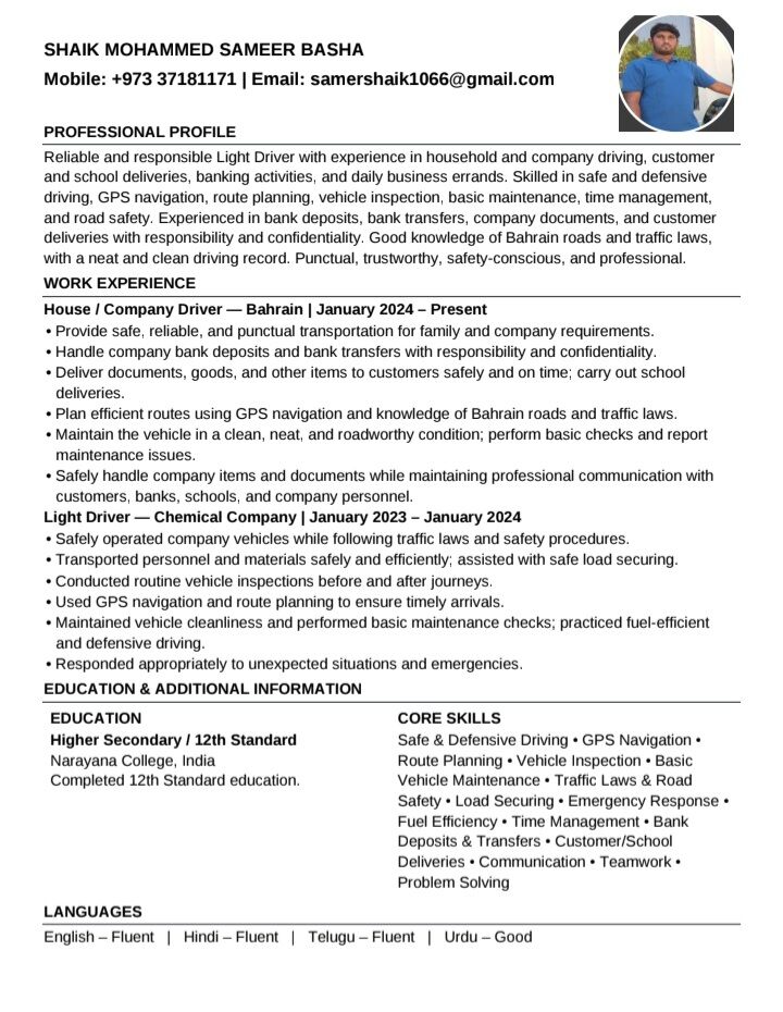 Manama, Job Seekers, House Driver/light Driver