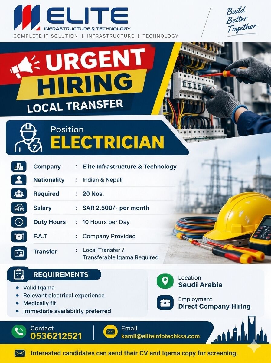 Riyadh, Jobs, Urgent Hiring / Local Transfer Electricians For Our Own Project