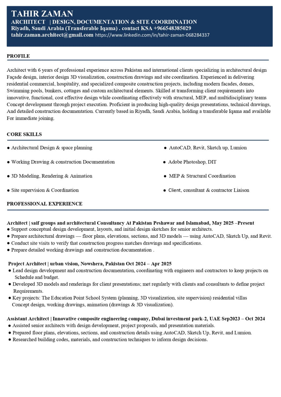 Riyadh, Job Seekers, I Am Architect With 6 Years Of Experience Looking For Job