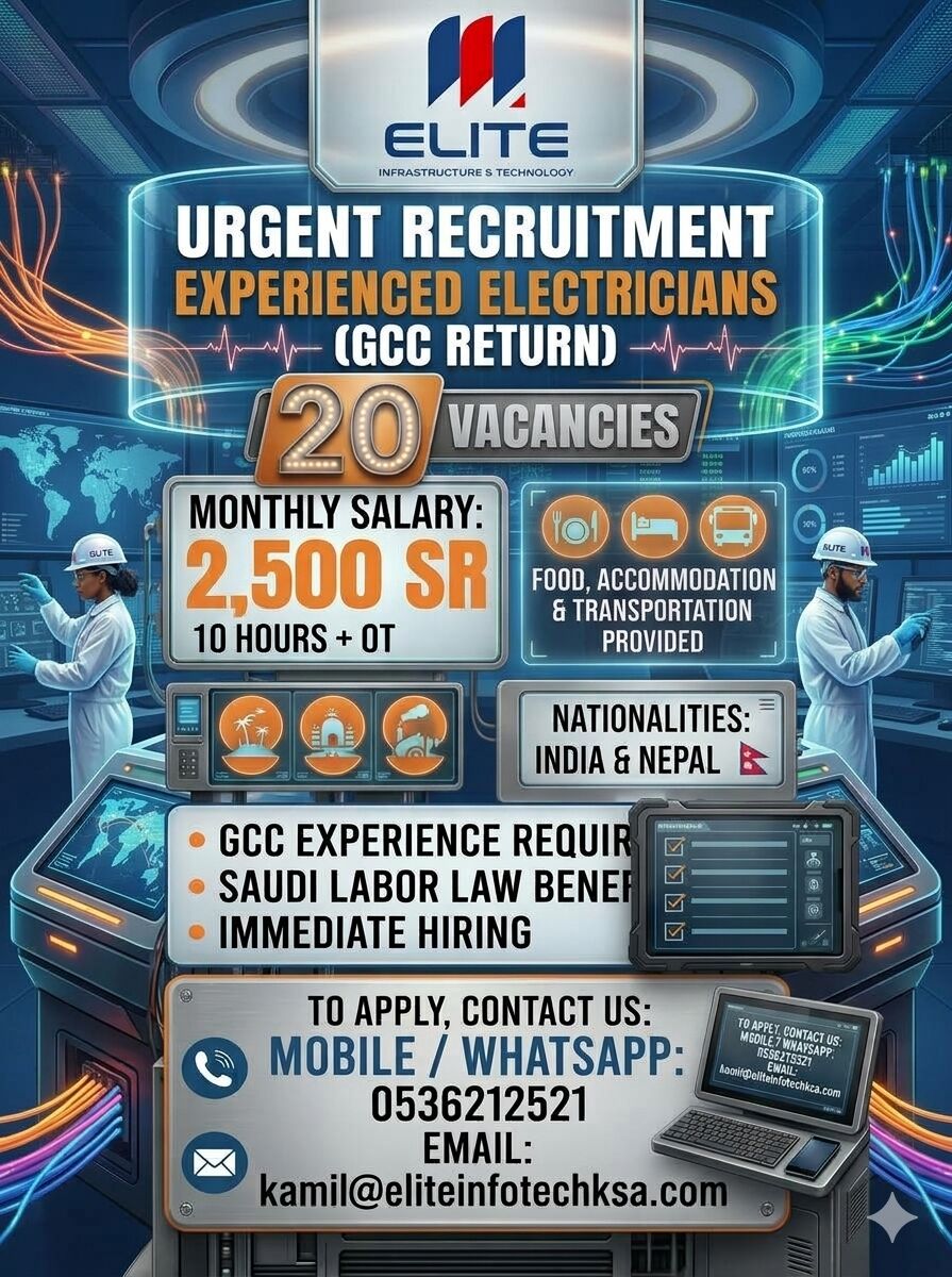 Riyadh, Jobs, Urgent Recruitment: 20 Experienced GCC-Return Electricians Wanted &ndash; Elite Infrastructure &