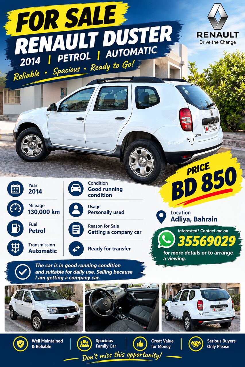 Sitra, Vehicles, Cars & Trucks , BHD 850,  Renault Duster,  2014,  Automatic,  135000 KM,  NEAT AND GOOD CONDITION