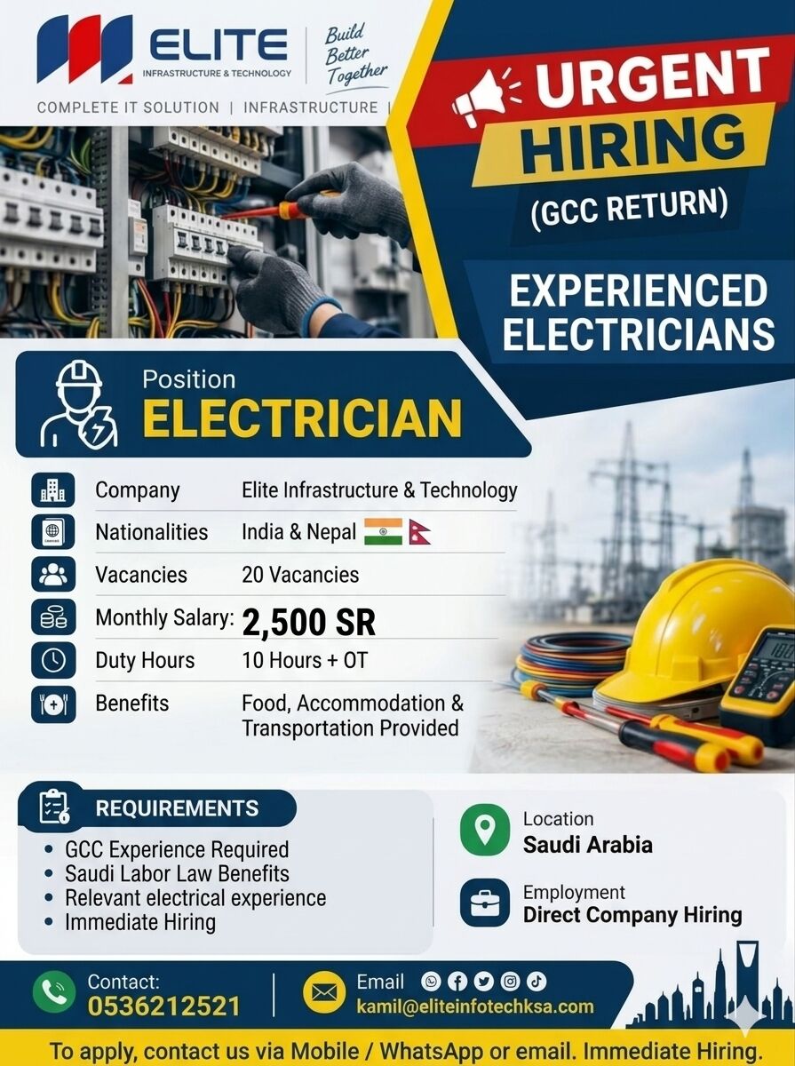 Riyadh, Jobs, ⚡ URGENT RECRUITMENT: 20 EXPERIENCED ELECTRICIANS (GCC-RETURN) ⚡