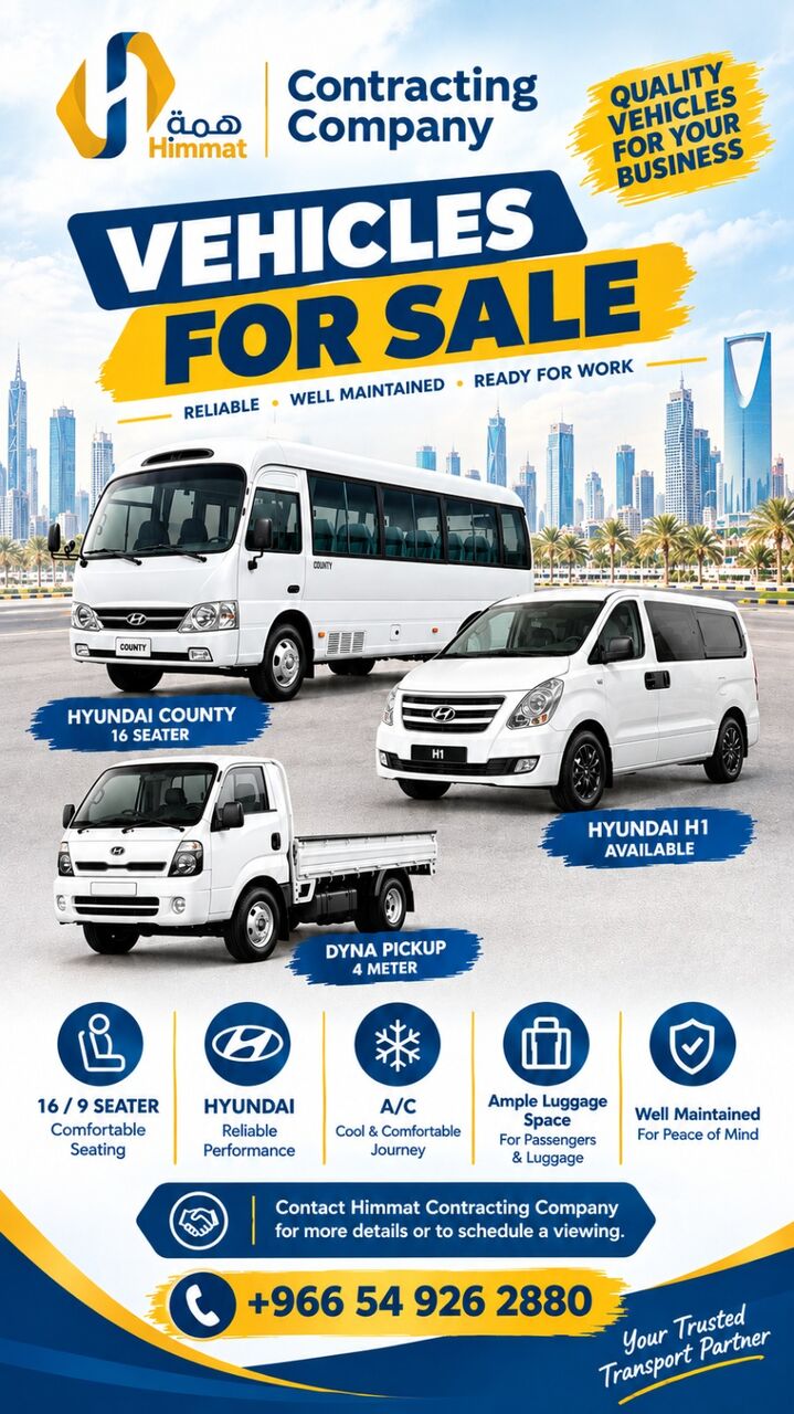 Jubail, Vehicles, Cars & Trucks , 🔹 Hyundai County – 16 Seater 🔹 Hyundai H1 – Available 🔹 Hyundai Dyna Pickup – 4 Meter,  2010,  100 KM,