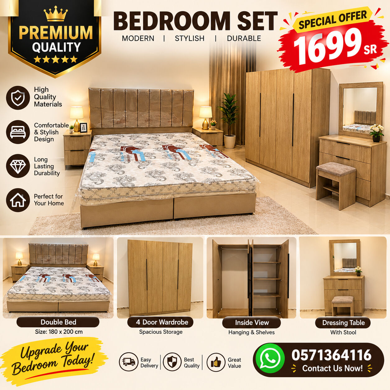 Jeddah, Furniture, SAR 5,  Premium Quality Modern Bedroom Set &ndash; Double Bed, 4-Door Wardrobe & Dressing Table