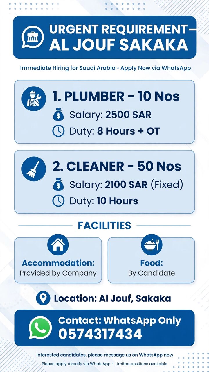 Riyadh, Jobs, Urgent Hearing Plumber Cleaner