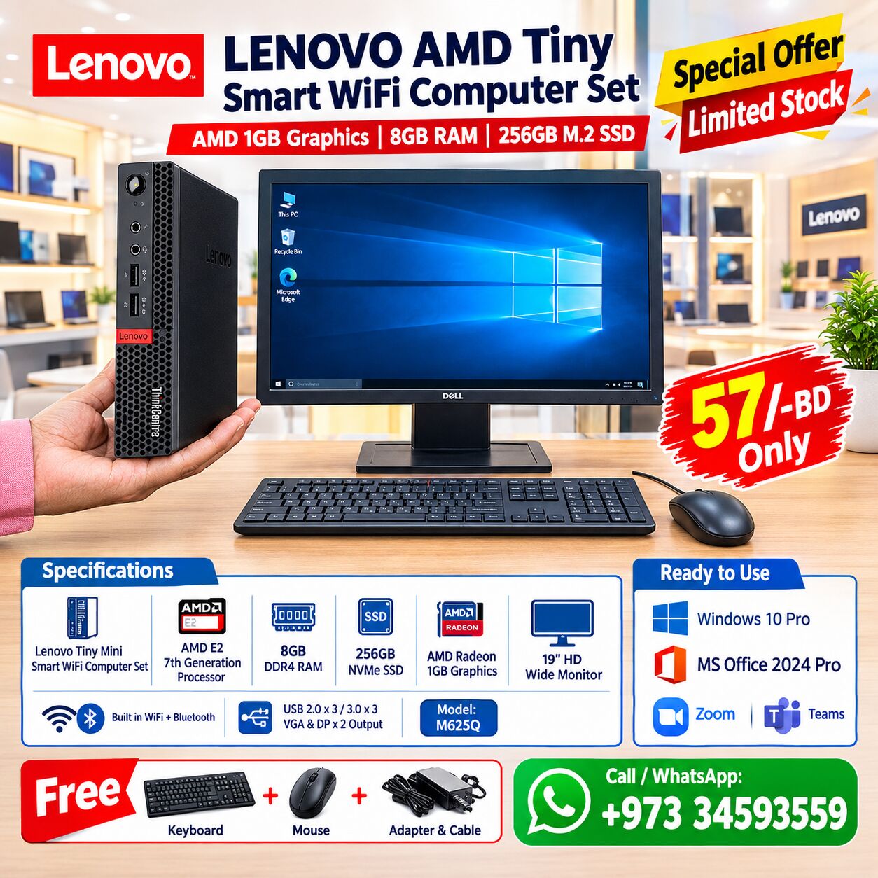 Isa Town, Computers, BHD 57,  LENOVO Tiny Smart WiFi Computer Set 19" HD Monitor AMD Graphics Card 8GB RAM 256GB M.2 SSD