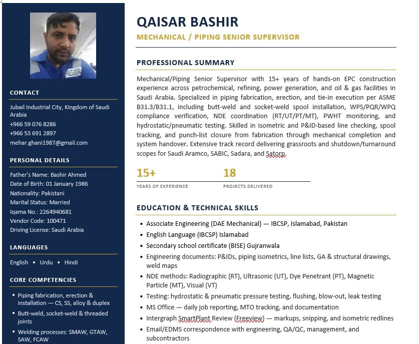 Jubail, Job Seekers, Senior Piping Welding Supervisor