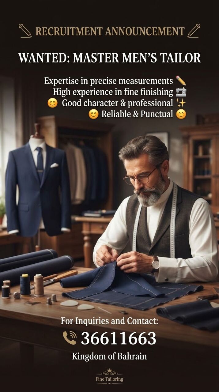 Manama, Jobs, Master Men&rsquo;s Tailor Required URGENT