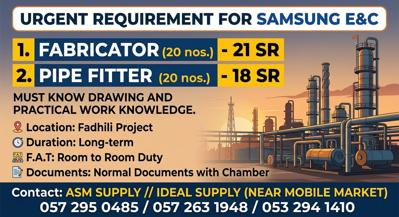Dammam, Jobs, Pipe Febricator And  Pipe Fitter