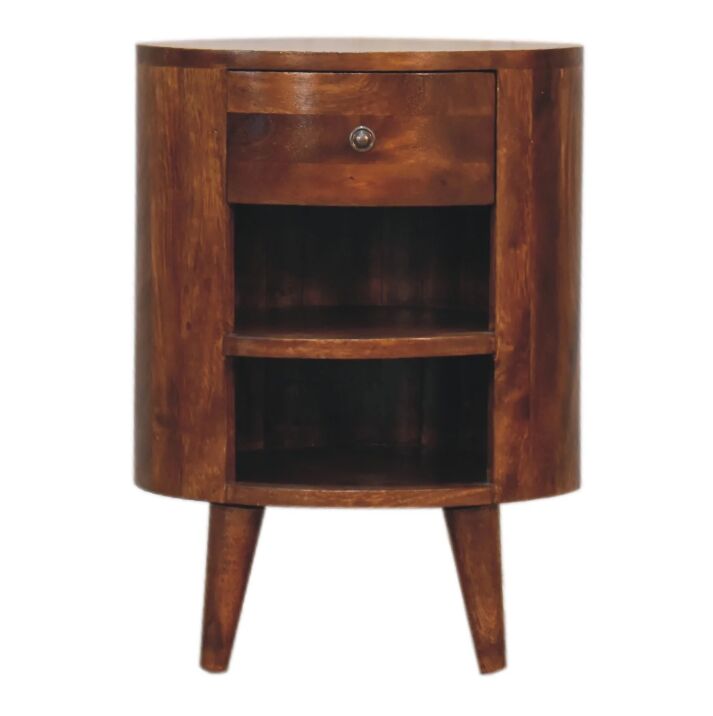 New York, Household Items, USD 282,  Solid Wood Cortez Nightstand, Chestnut Finish, 1-Drawer, 2 Open Slots, Dark Brown