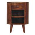 USD 282,  Solid Wood Cortez Nightstand, Chestnut Finish, 1-Drawer, 2 Open Slots, Dark Brown