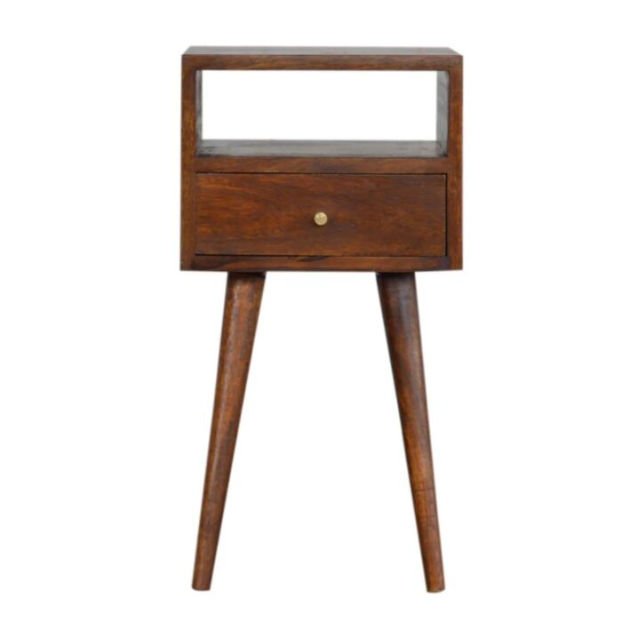 New York, Household Items, USD 202,  Solid Wood Mini Nightstand, 1-Drawer, 1 Open Slot, Chestnut, Brown