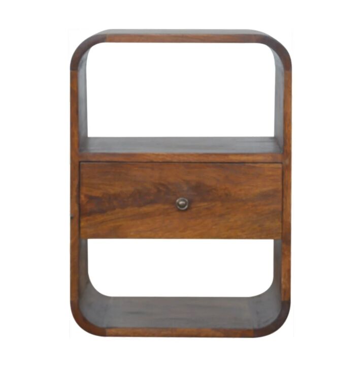 New York, Household Items, USD 303,  Solid Wood Chestnut Curved Edge Nightstand, 1-Drawer, 2 Open Slots, Brown