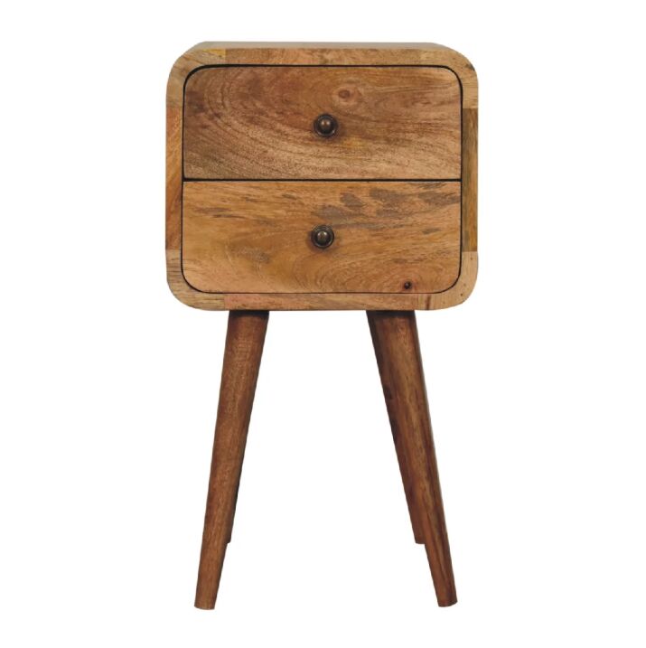 New York, Household Items, USD 219,  Solid Wood Mini Curved Nightstand, 2-Drawers, Oak-ish, Light Brown