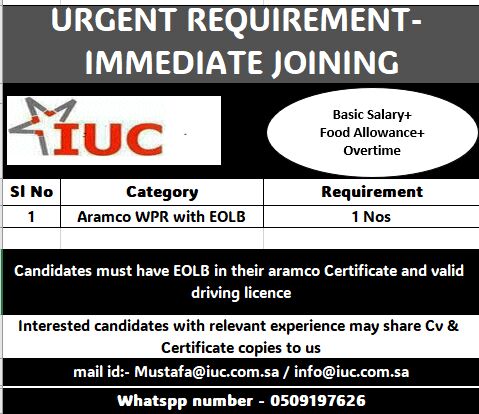 Hofuf, Jobs, URGENT HIRING &ndash; ARAMCO WPR WITH EOLB