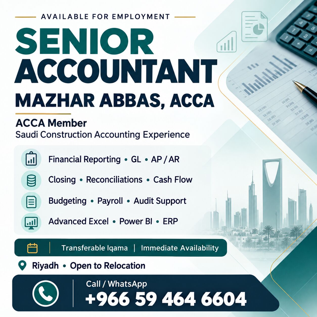 Bisha, Job Seekers, Senior Accountant Available &ndash; ACCA Member &ndash; Transferable Iqama &ndash; Riyadh