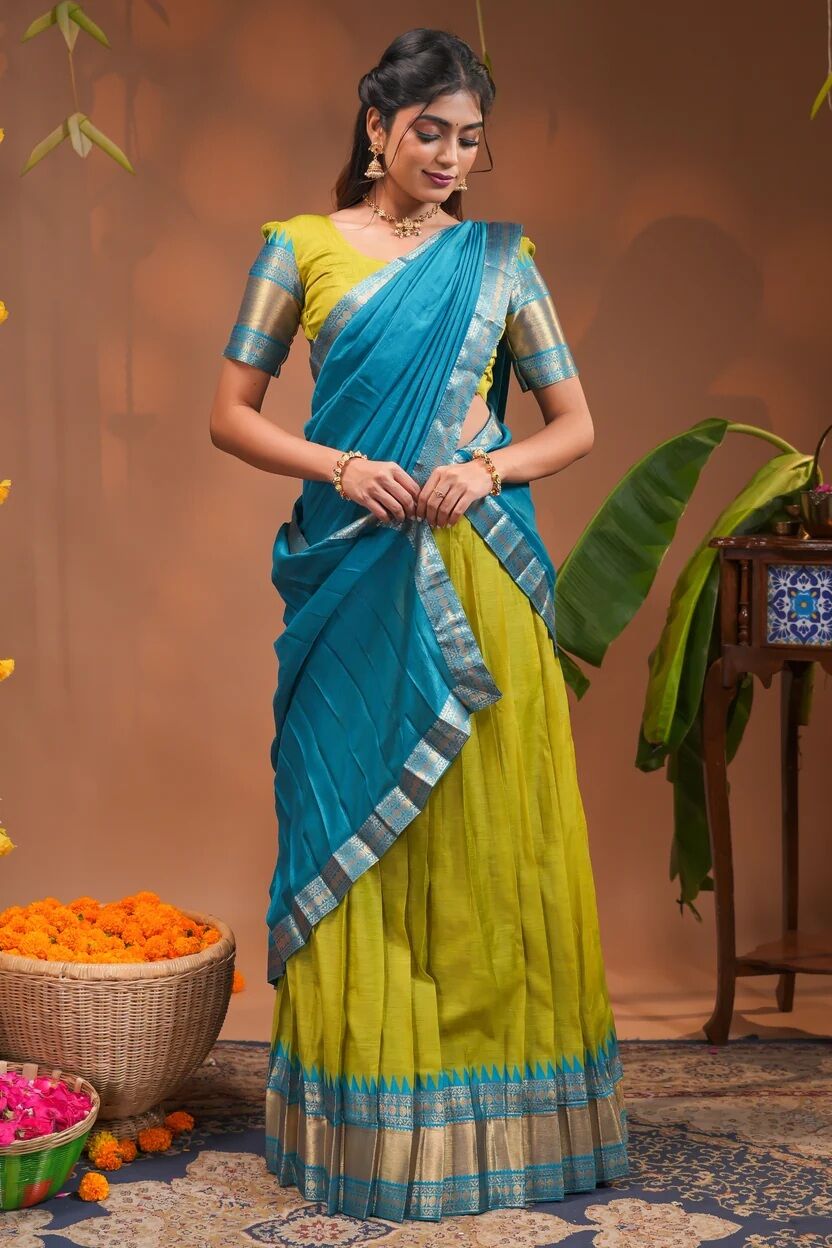 Madurai, Clothing & Accessories, INR 476,  How To Style A Blue And Lime Green Traditional Half Saree?