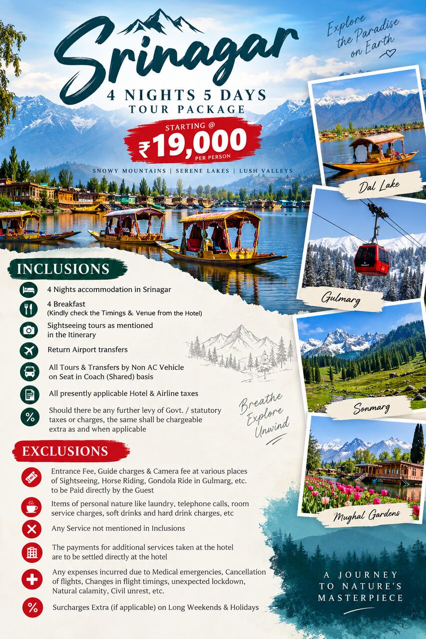 Mumbai, Travel, Srinagar 4 Nights 5 Days Tour Package Starting @19000