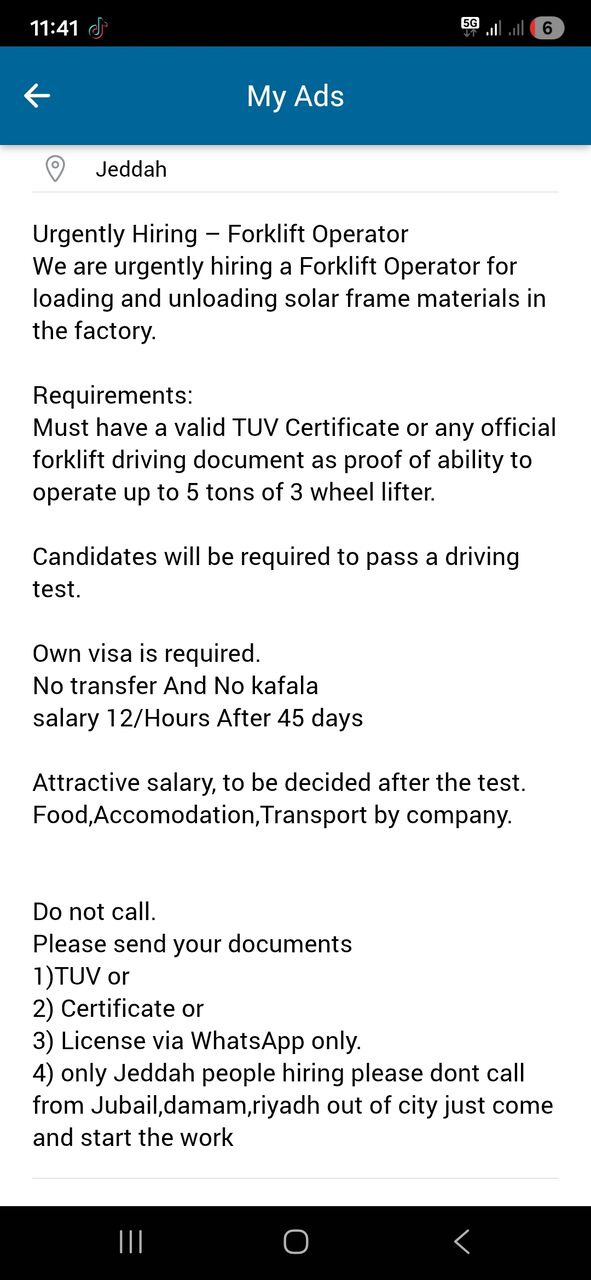 Jeddah, Jobs, Urgently Hiring &ndash; Forklift Operator