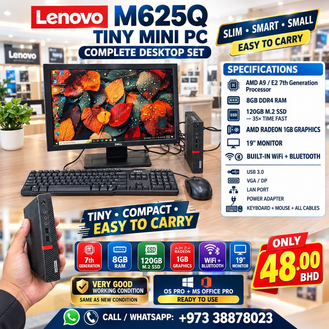 Manama, Computers, BHD 48,  Lenovo Tiny PC AMD 7th Gen RAM 8GB M.2 SSD 1GB Graphics 19" Mon Built-in WIFI & Bluetooth