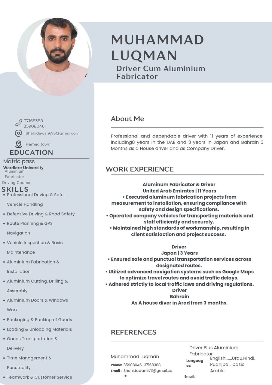 Hamad Town, Job Seekers, House Driver Or Company Driver Or Aluminium Fabricator