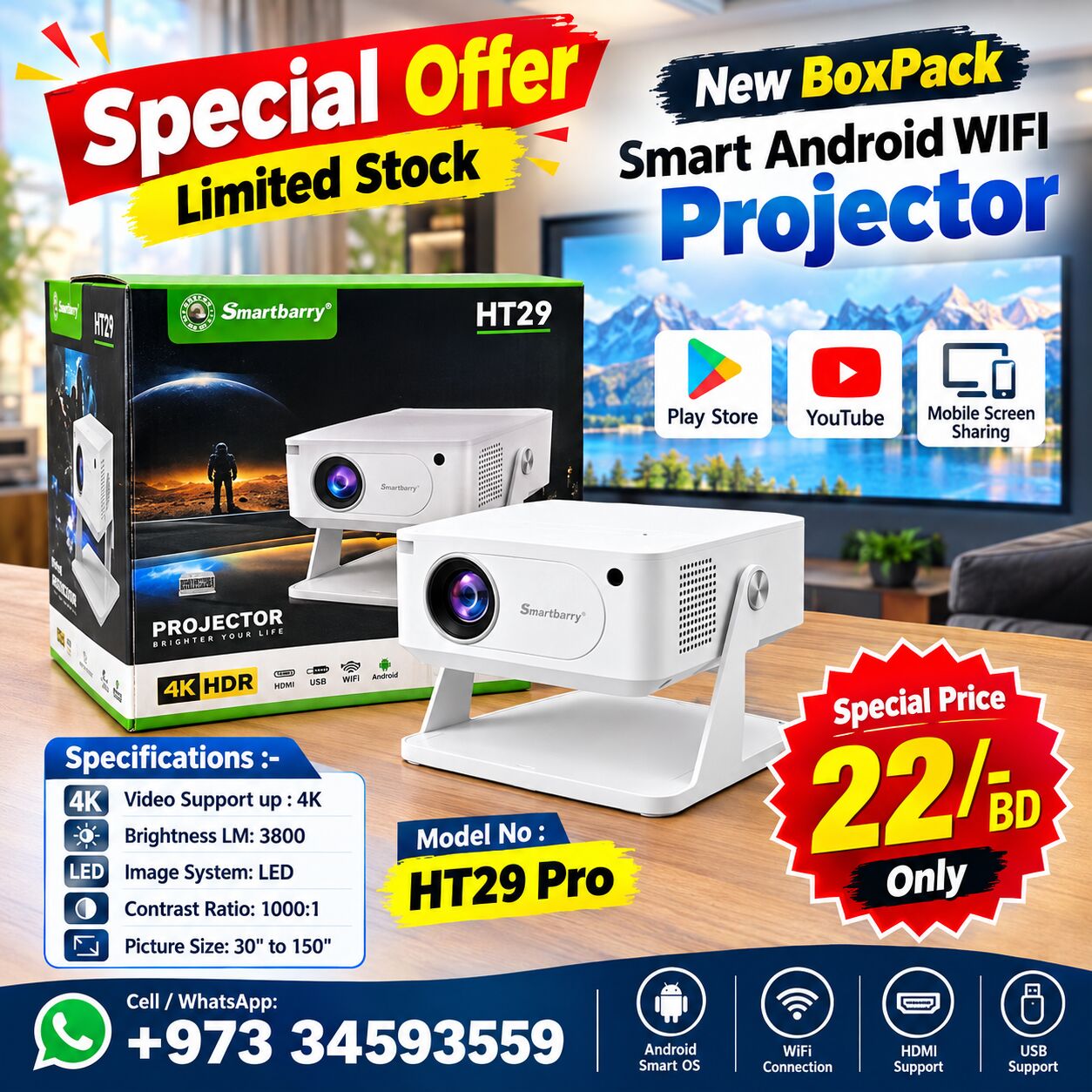 Isa Town, Computers, BHD 22,  Brand New Smart Android 4K Projector YouTube & Mobile Screen Sharing (Ready Plug & Play)