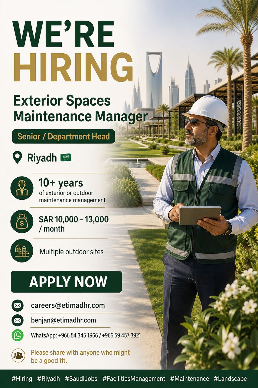 Riyadh, Jobs, Exterior Spaces Maintenance Manager!