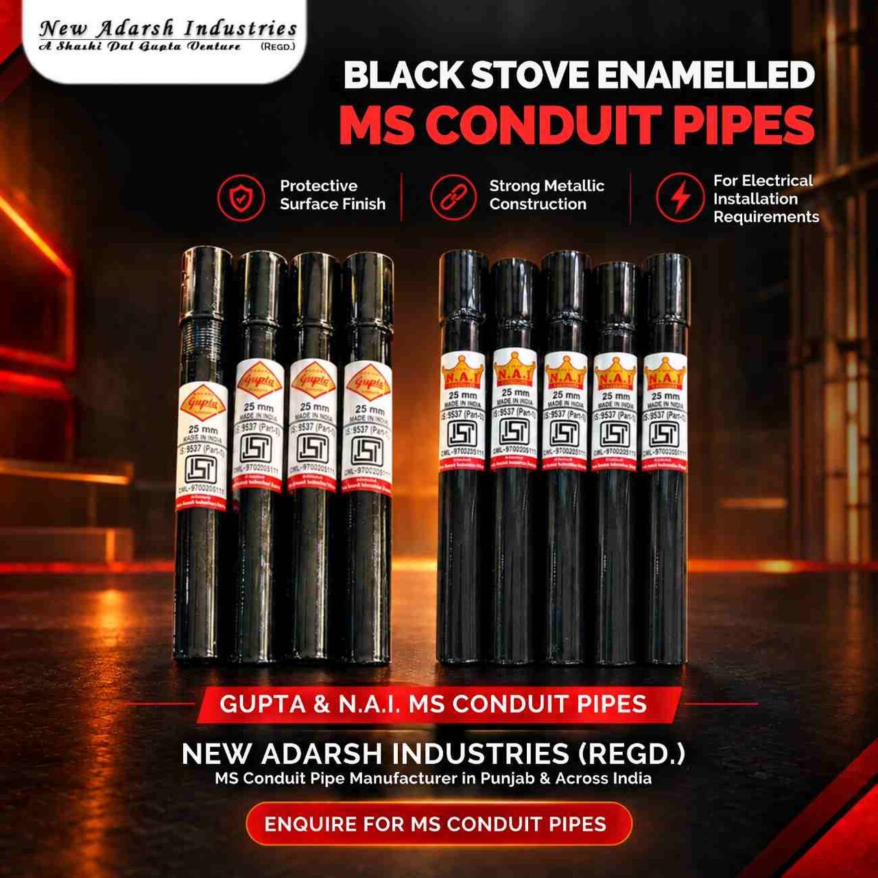 Punjab, Materials, MS Conduit Pipe Manufacturer In Punjab | Black Enamelled GUPTA & N.A.I.