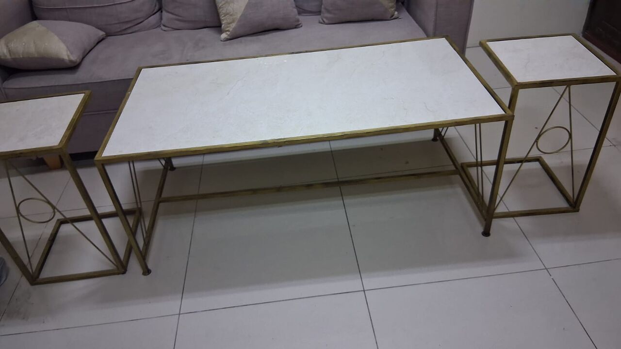 Khobar, Furniture, SAR 165,  Coffee Table Set With 2 Side Tables (marble Top, Gold Frame) + 2 Plastic Chairs