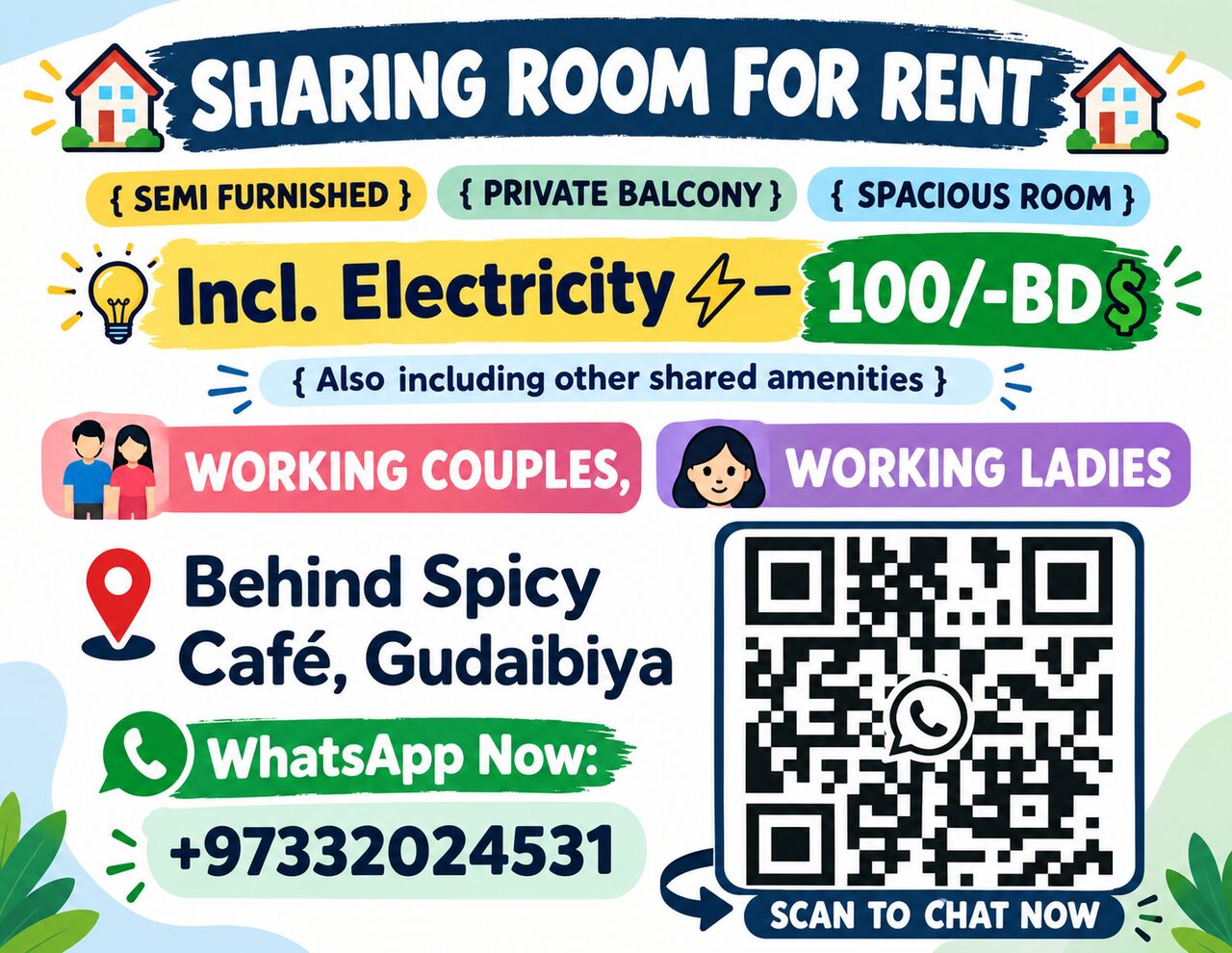 Gudaibiya, Rooms for Rent, BHD 100/month,  100 Sq. Meter,  🏠 ROOM FOR RENT, 📍GUDAIBIYA (Behind Spicy Café)